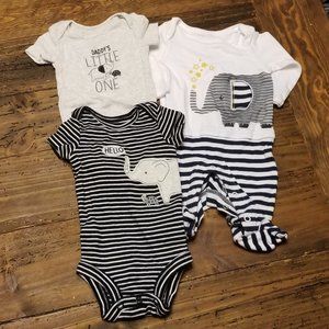 Newborn Baby Boy Lot of 3 Elephant Theme 2 Onesies 1 Footed Sleeper